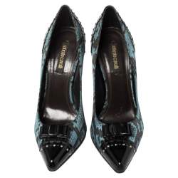 Pre Owned Roberto Cavalli Black/Blue Python Print Satin And Patent Leather Pointed Toe Pumps Size 37