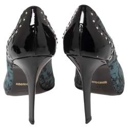 Pre Owned Roberto Cavalli Black/Blue Python Print Satin And Patent Leather Pointed Toe Pumps Size 37