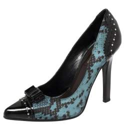 Pre Owned Roberto Cavalli Black/Blue Python Print Satin And Patent Leather Pointed Toe Pumps Size 37