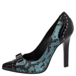 Pre Owned Roberto Cavalli Black/Blue Python Print Satin And Patent Leather Pointed Toe Pumps Size 37