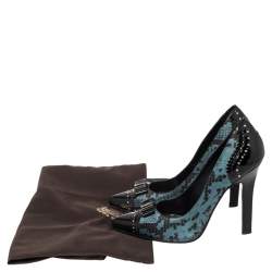 Pre Owned Roberto Cavalli Black/Blue Python Print Satin And Patent Leather Pointed Toe Pumps Size 37