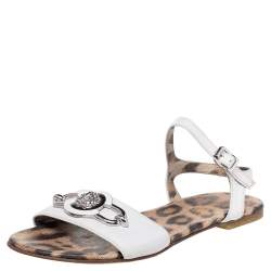 Roberto Cavalli White Leather Embellished Flat Sandals Size 37