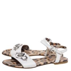 Roberto Cavalli White Leather Embellished Flat Sandals Size 37