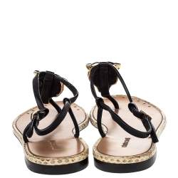 Pre Owned Roberto Cavalli Black Leather Tiger Logo Embellished Thong Flat Sandals Size 36