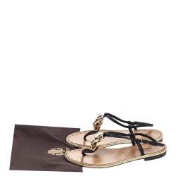 Pre Owned Roberto Cavalli Black Leather Tiger Logo Embellished Thong Flat Sandals Size 36