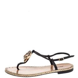 Pre Owned Roberto Cavalli Black Leather Tiger Logo Embellished Thong Flat Sandals Size 36