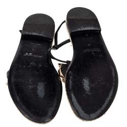 Pre Owned Roberto Cavalli Black Leather Tiger Logo Embellished Thong Flat Sandals Size 36