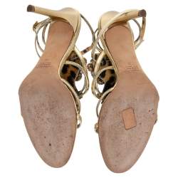 مملوكة مسبقًا صندل روبرتو كافالي سيور مزخرف جواهر جلد ذهبي ميتالك مقاس 39