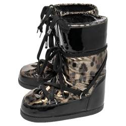 Pre Owned بوت روبرتو كافالي جلد أسود لامع وقماش نقشة الفهد مطبوع مقاس 38