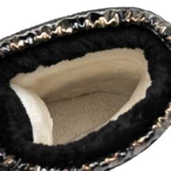 Pre Owned بوت روبرتو كافالي جلد أسود لامع وقماش نقشة الفهد مطبوع مقاس 38