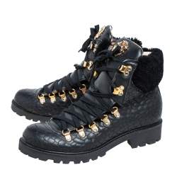 Pre Owned Roberto Cavalli Black Leather Combat Boots Size 38