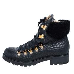 Pre Owned Roberto Cavalli Black Leather Combat Boots Size 38