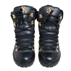 Pre Owned Roberto Cavalli Black Leather Combat Boots Size 38