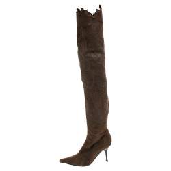 Pre Owned Roberto Cavalli Brown Suede Over the Knee Boots Size 37
