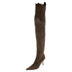 Pre Owned Roberto Cavalli Brown Suede Over the Knee Boots Size 37