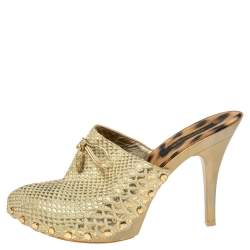 Pre Owned Roberto Cavalli Metallic Gold Python Effect Leather Bow Mules Size 38.5