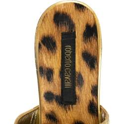 Pre Owned Roberto Cavalli Metallic Gold Python Effect Leather Bow Mules Size 38.5