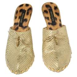 Pre Owned Roberto Cavalli Metallic Gold Python Effect Leather Bow Mules Size 38.5