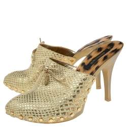 Pre Owned Roberto Cavalli Metallic Gold Python Effect Leather Bow Mules Size 38.5