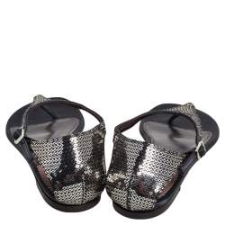 Pre Owned Roberto Cavalli Black/Silver Sequins and Satin Thong Ankle Strap Flat Sandals Size 39