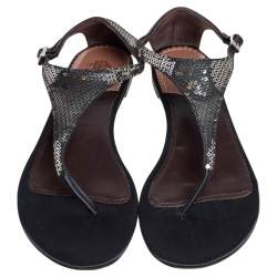 Pre Owned Roberto Cavalli Black/Silver Sequins and Satin Thong Ankle Strap Flat Sandals Size 39
