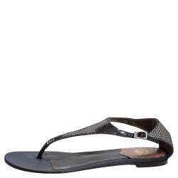 Pre Owned Roberto Cavalli Black/Silver Sequins and Satin Thong Ankle Strap Flat Sandals Size 39