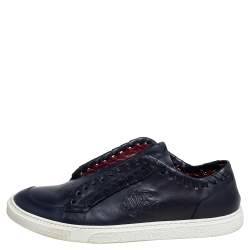 Pre Owned Roberto Cavalli Navy Blue Leather Whip Stitched Sip On Sneakers Size 41