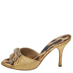 Roberto Cavalli Gold Python Embossed Leather Embellished Slide Sandals Size 37.5