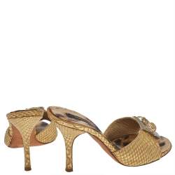 Roberto Cavalli Gold Python Embossed Leather Embellished Slide Sandals Size 37.5