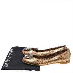 Roberto Cavalli Metallic Gold Python Embossed Leather Logo Embellished Ballet Flats Size 36