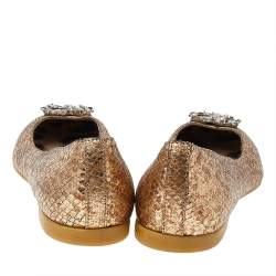 Roberto Cavalli Metallic Gold Python Embossed Leather Logo Embellished Ballet Flats Size 36