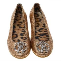Roberto Cavalli Metallic Gold Python Embossed Leather Logo Embellished Ballet Flats Size 36