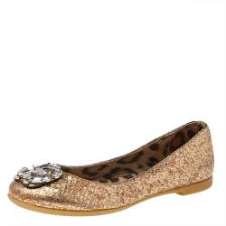 Roberto Cavalli Metallic Gold Python Embossed Leather Logo Embellished Ballet Flats Size 36