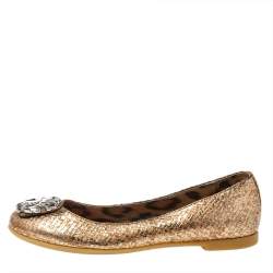 Roberto Cavalli Metallic Gold Python Embossed Leather Logo Embellished Ballet Flats Size 36