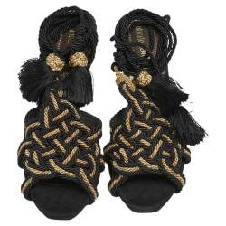 Pre Owned Roberto Cavalli Black/Gold Knit Fabric Tassels Sandals Size 40