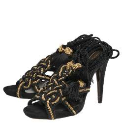 Pre Owned Roberto Cavalli Black/Gold Knit Fabric Tassels Sandals Size 40