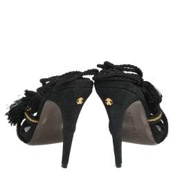 Pre Owned Roberto Cavalli Black/Gold Knit Fabric Tassels Sandals Size 40