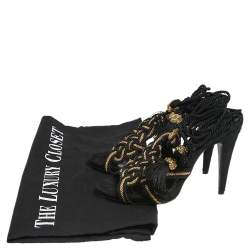 Pre Owned Roberto Cavalli Black/Gold Knit Fabric Tassels Sandals Size 40