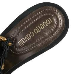 Pre Owned Roberto Cavalli Black/Gold Knit Fabric Tassels Sandals Size 40
