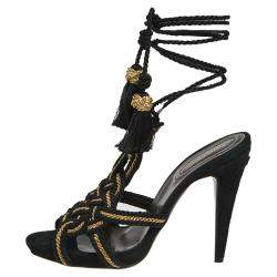 Pre Owned Roberto Cavalli Black/Gold Knit Fabric Tassels Sandals Size 40