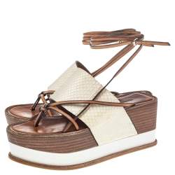 Roberto Cavalli Cream Python Wedge Platform Ankle Wrap Sandals Size 38.5