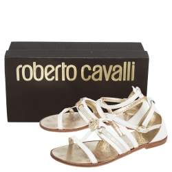 Pre Owned Roberto Cavalli White Leather Open Toe Embellished Flats Size 38
