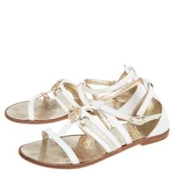 Pre Owned Roberto Cavalli White Leather Open Toe Embellished Flats Size 38