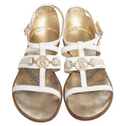 Pre Owned Roberto Cavalli White Leather Open Toe Embellished Flats Size 38