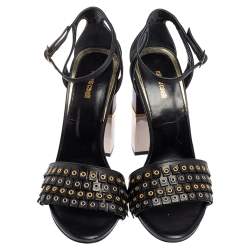 Pre Owned Roberto Cavalli  Black Leather Fringe Eyelet  Sandals Size 38