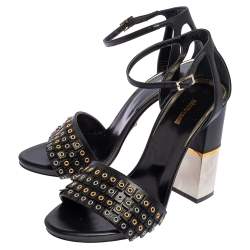 Pre Owned Roberto Cavalli  Black Leather Fringe Eyelet  Sandals Size 38