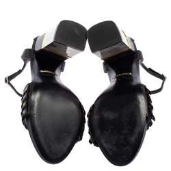 Pre Owned Roberto Cavalli  Black Leather Fringe Eyelet  Sandals Size 38