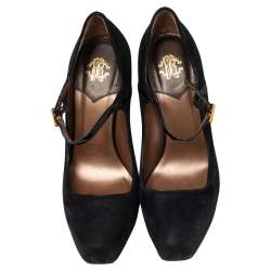 مملوكة مسبقًا حذاء كعب عالي روبرتو كافالي ماري جين نعل سميك سويدي وجلد لامع أسود مقاس 37