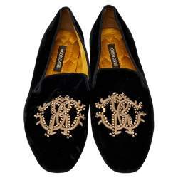 Pre Owned Roberto Cavalli Black Velvet Embellished Slip on Loafers Size 39