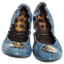 Pre Owned Roberto Cavalli Blue Croc Embossed Leather Scrunch Ballet Flats Size 37.5